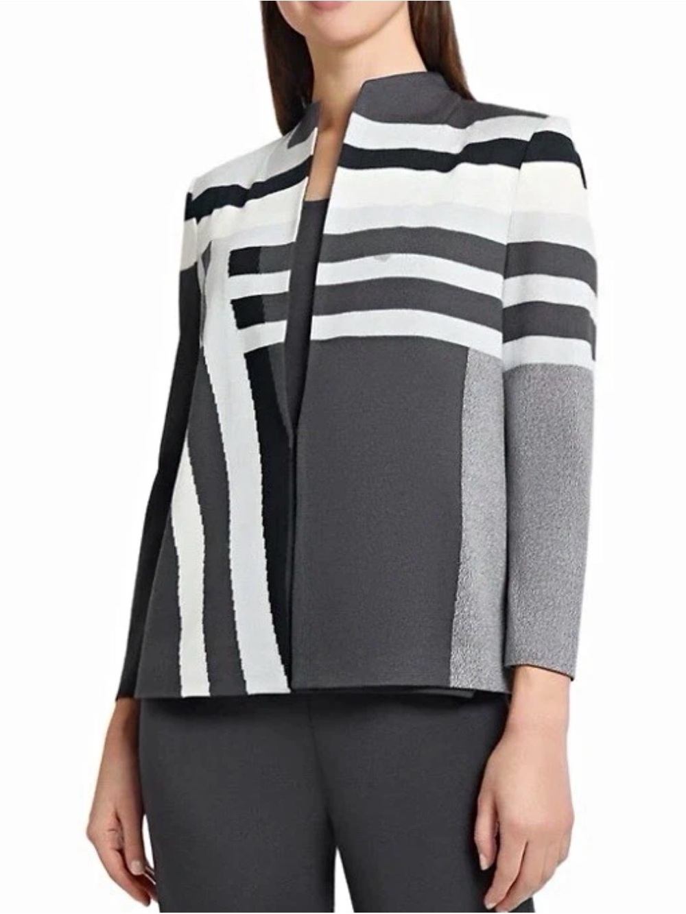 Ming Wang Color Block Stripe Knit Mandarin Collar Bracelet Sleeve Jacket Medium